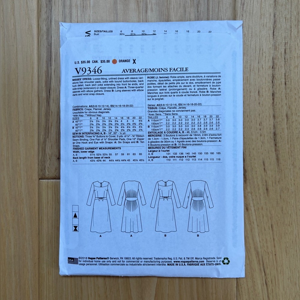 Vogue 9346 Vintage Reproduction Pattern - Picture 3 of 3